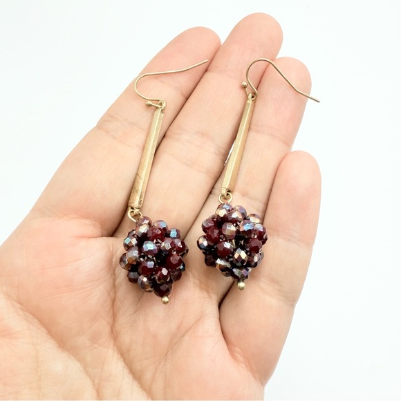 Gold Tone Red Beaded Ball Murano Glass Earrings - Picture 1 of 6